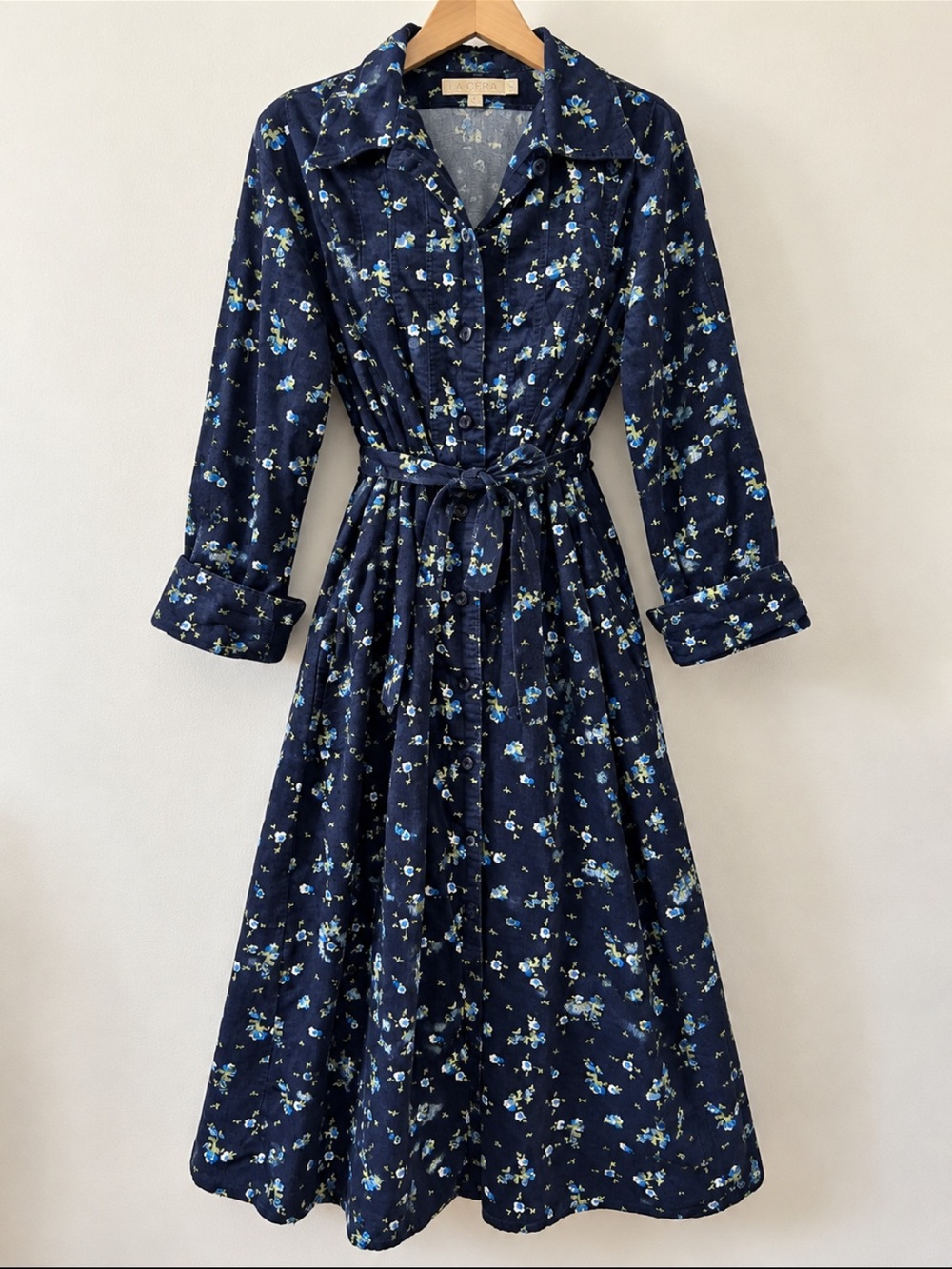 La Cera Floral Midi Dress Navy Blue Button Front Tie Waist Long Sleeve XL